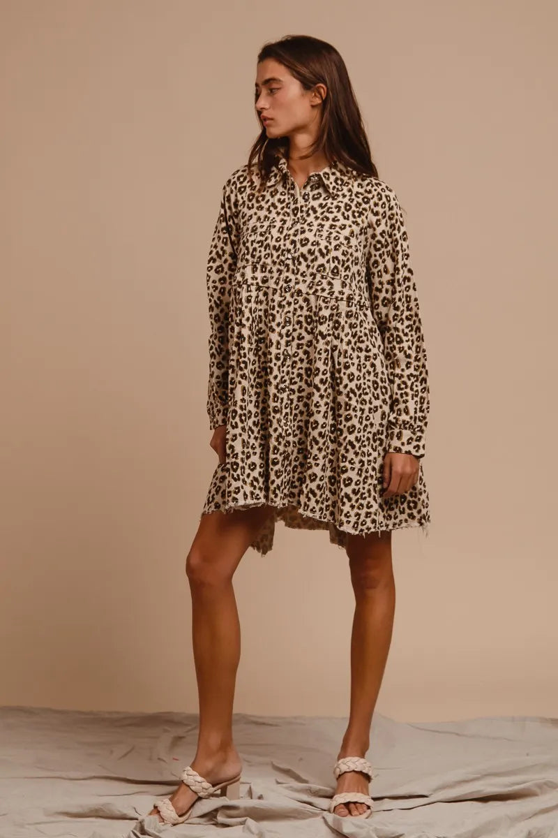 BiBi Washed Denim Button Down Dress with Side Pocket OutfitFlow