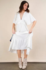 VERY J Mineral Washed Elastic Neck Detail Midi Dress OutfitFlow