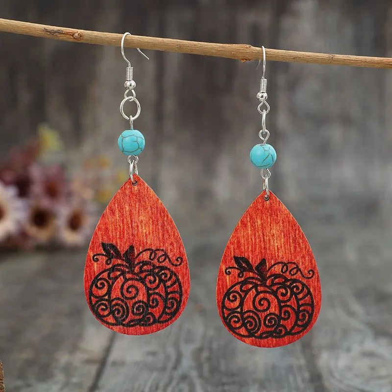 Turquoise Wooden Pumpkin Teardrop Earrings OutfitFlow