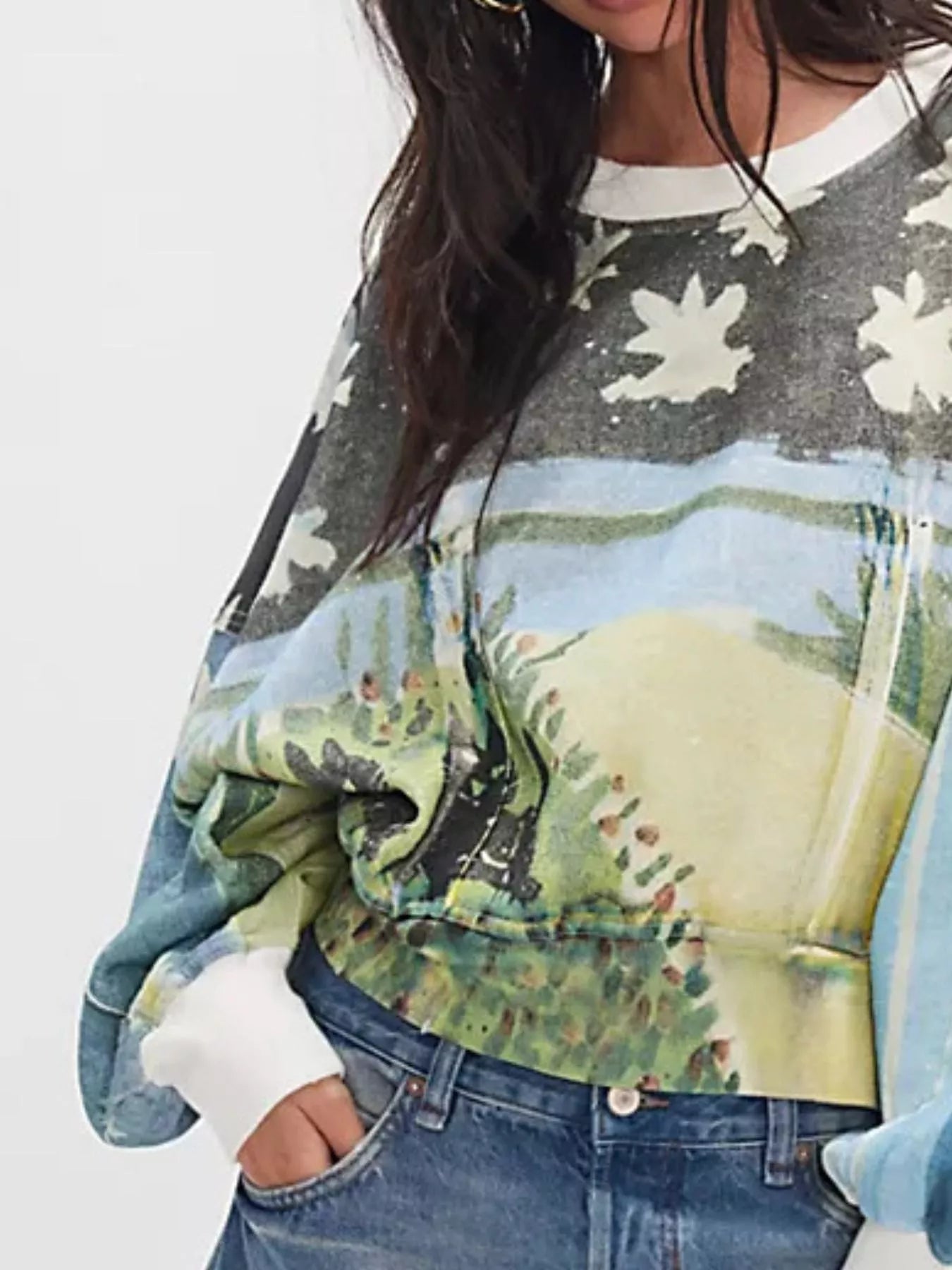 Printed Round Neck Dropped Shoulder Sweatshirt OutfitFlow