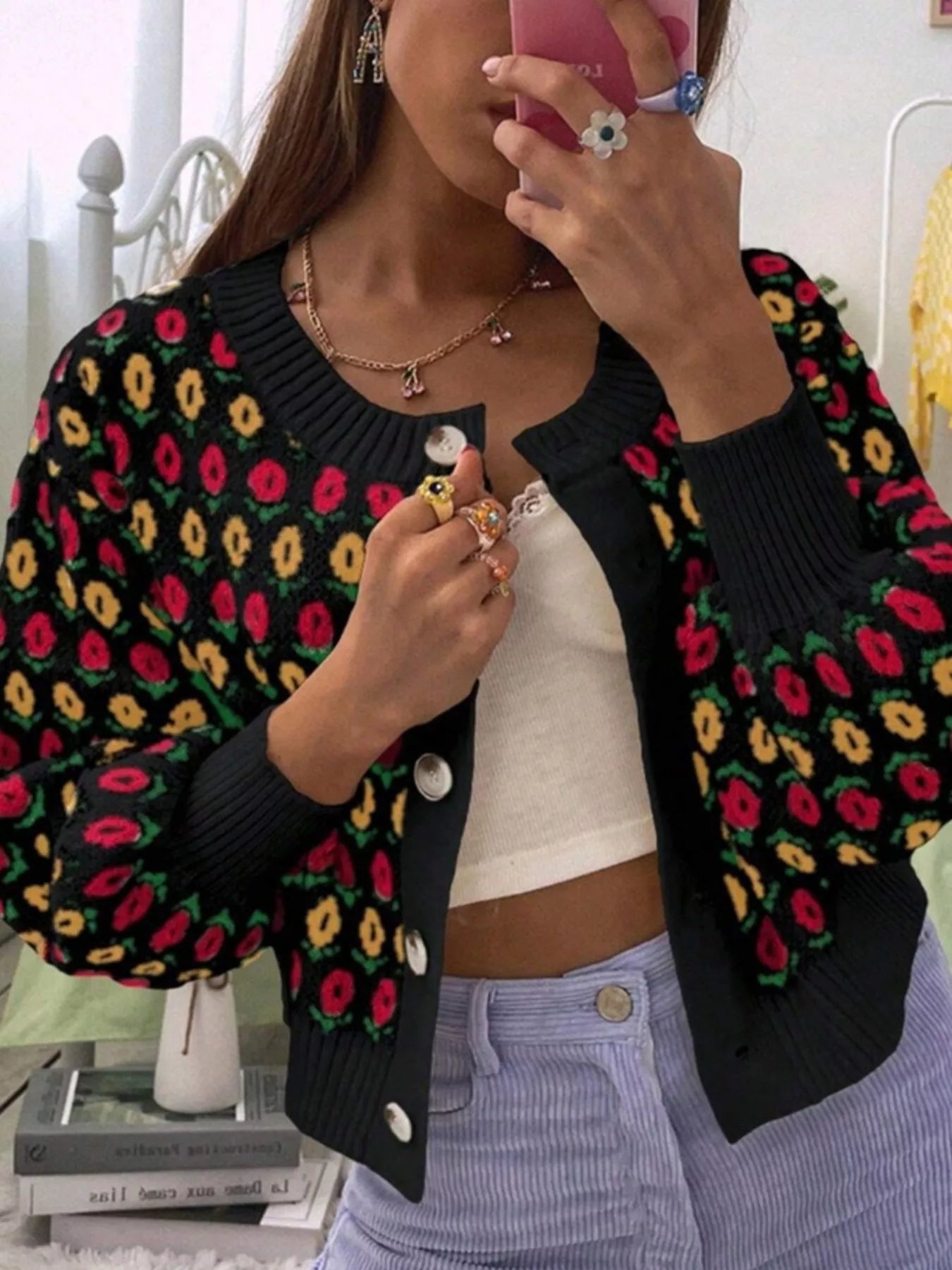 Floral Button Up Long Sleeve Cardigan Black OutfitFlow