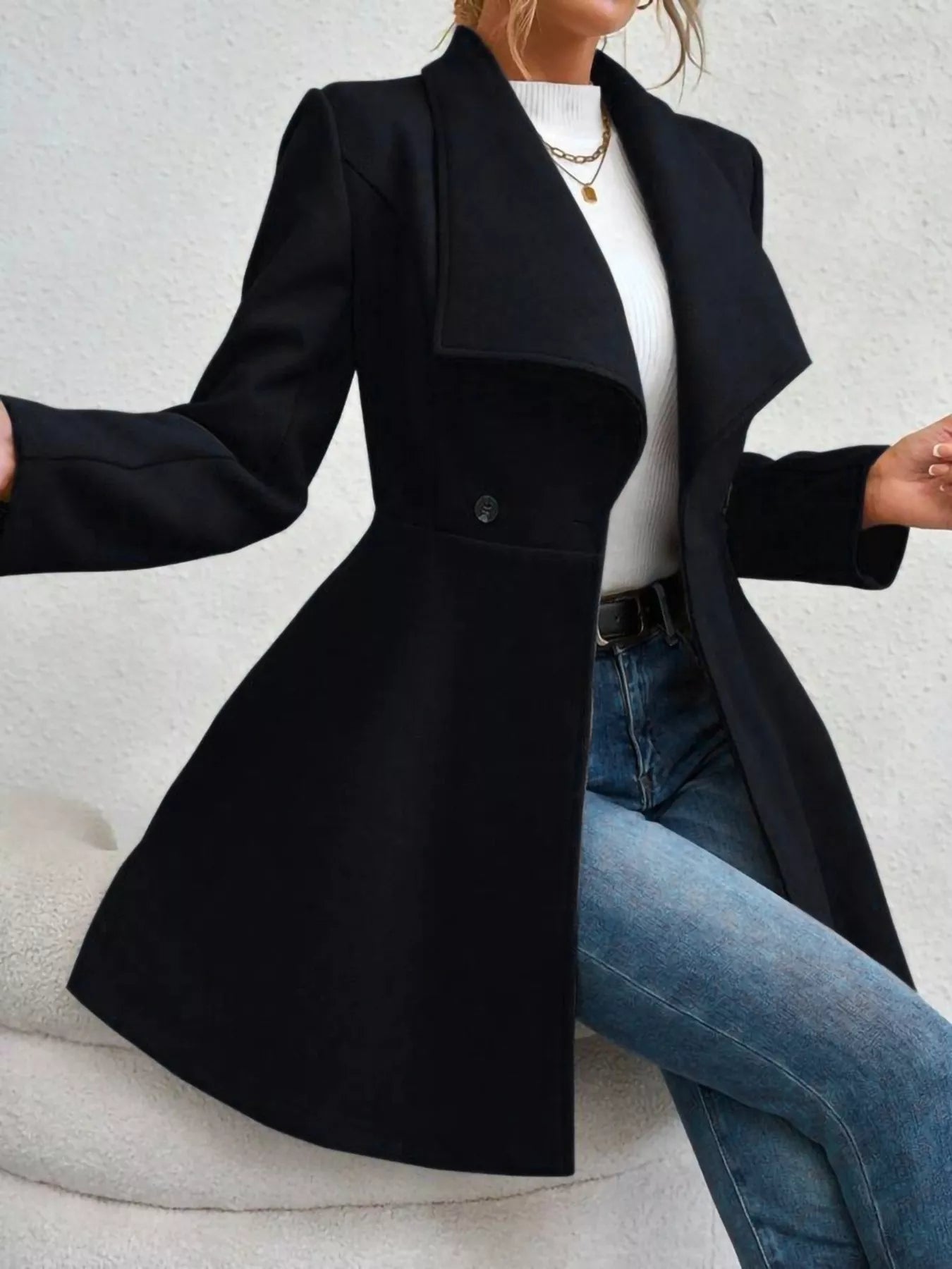 Collared Neck Double Breasted Coat Trendsi