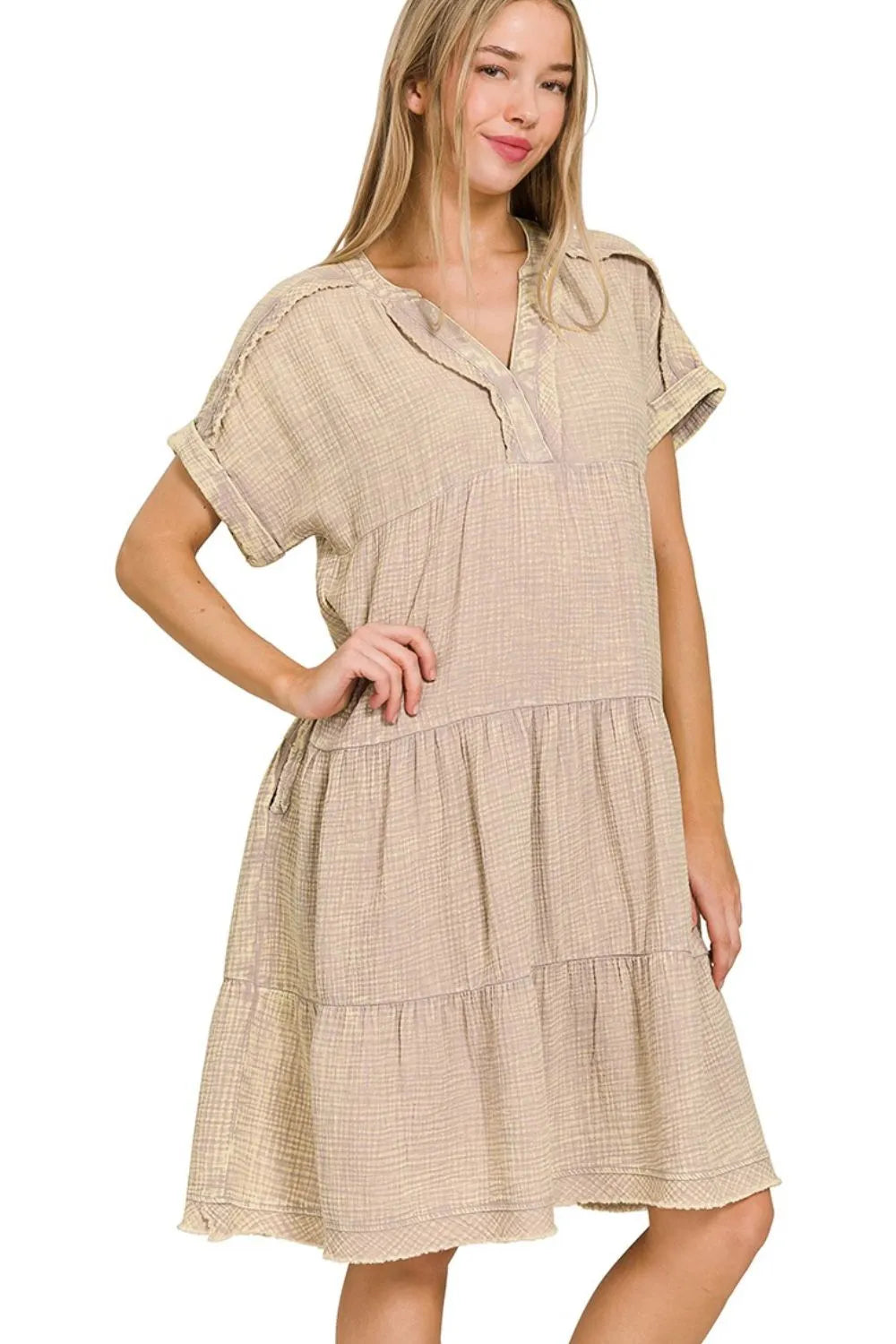 Zenana Washed Double Gauze Raw Edge Notched Dress OutfitFlow