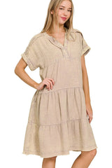 Zenana Washed Double Gauze Raw Edge Notched Dress OutfitFlow
