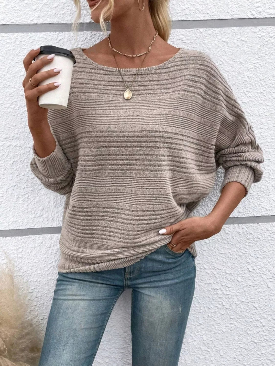 Relaxed Fit Ribbed Knit T-Shirt Mocha OutfitFlow