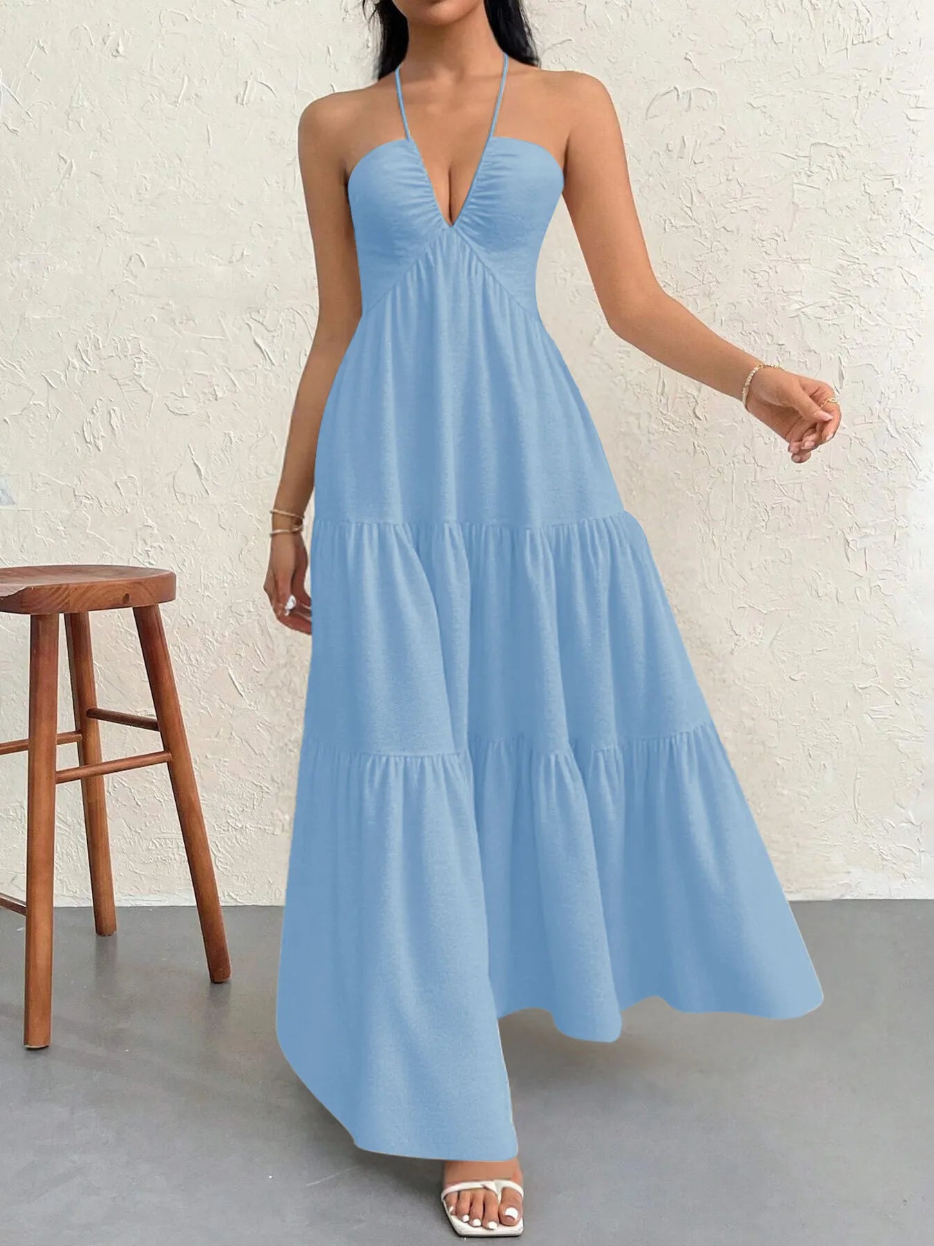 Halter Neck Tiered Maxi Dress Blue OutfitFlow