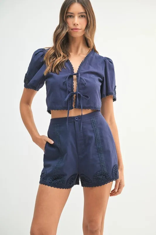 MABLE Crochet Lace Detail Crop Top and Shorts Set Lt Navy OutfitFlow