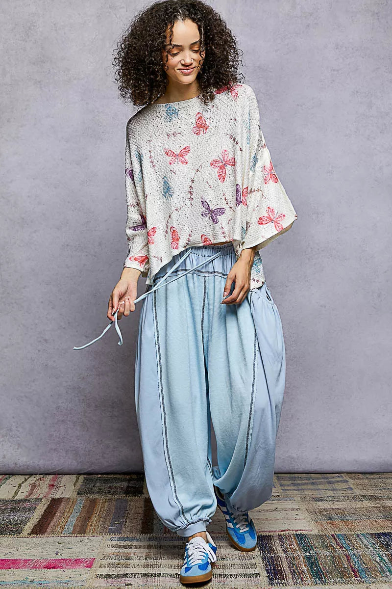 POL Butterflies Pattern Round Neck knit Top with Outseam Rolling Edge OutfitFlow