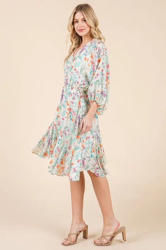 Lime 'N' Chili Floral Cinched Waist Balloon Sleeve V-Neck Dress OutfitFlow