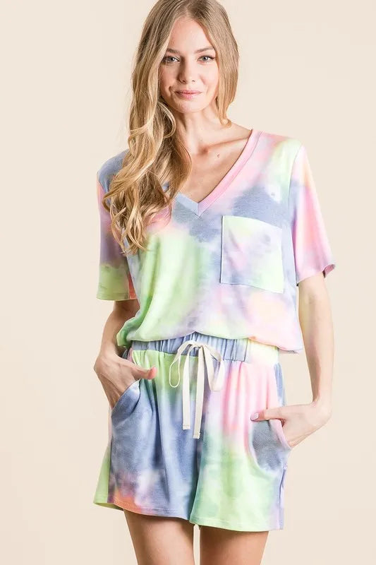 BiBi Tie Dye Casual Shorts with Twill Tape Drawstring OutfitFlow