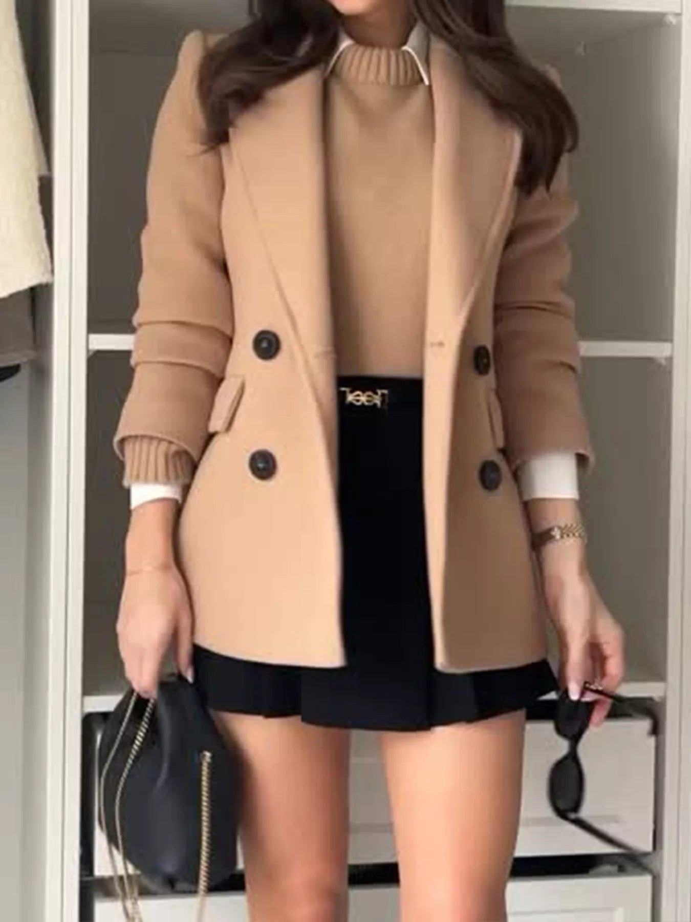 Lapel Collar Double-Breasted Blazer OutfitFlow