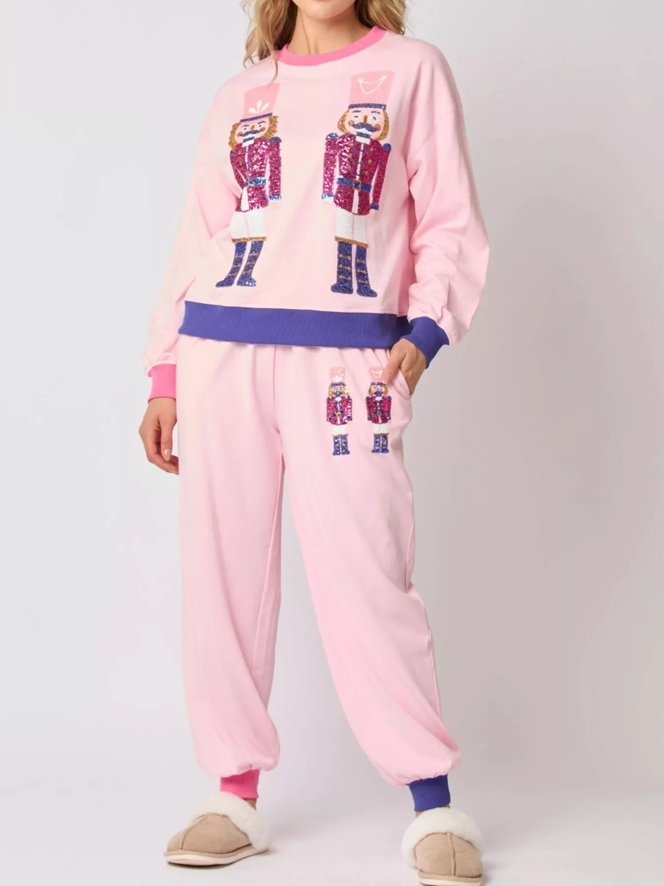 Nutcracker Contrast Trim Sweatshirt and Pants Set OutfitFlow