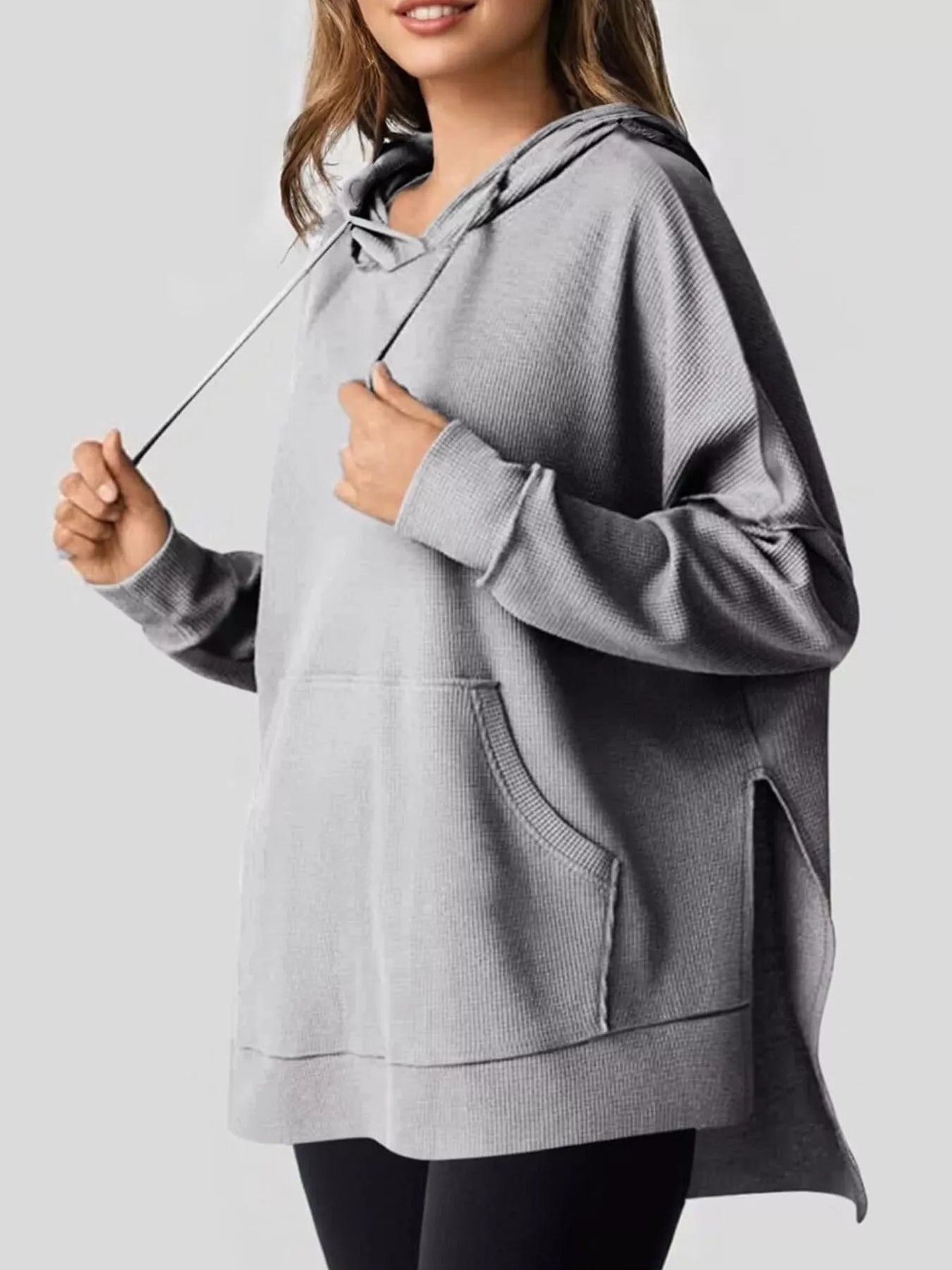Oversized Drawstring Side Slit Hoodie Gray OutfitFlow