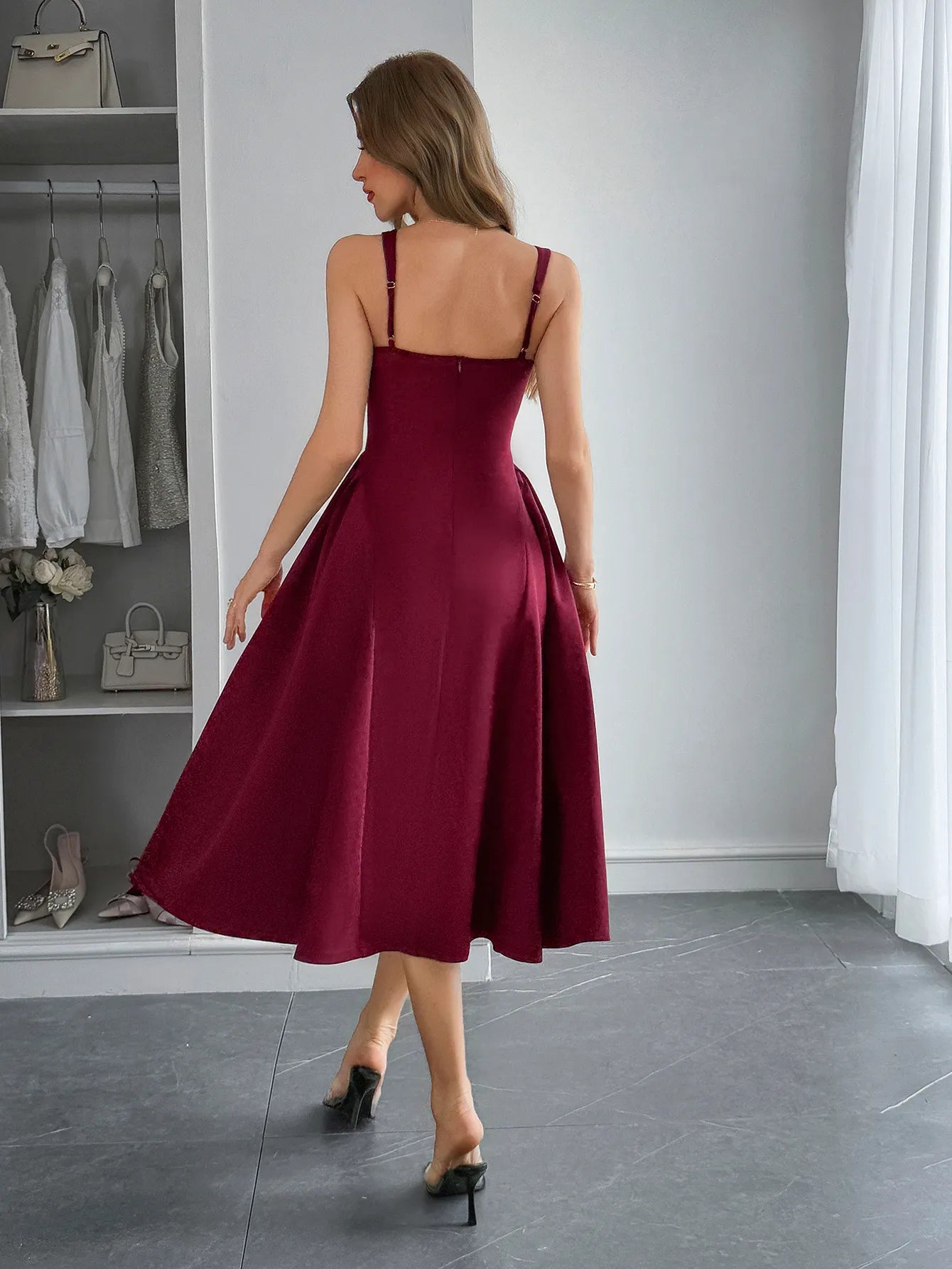 Square Neck Wide Strap Midi Dress Burgundy OutfitFlow