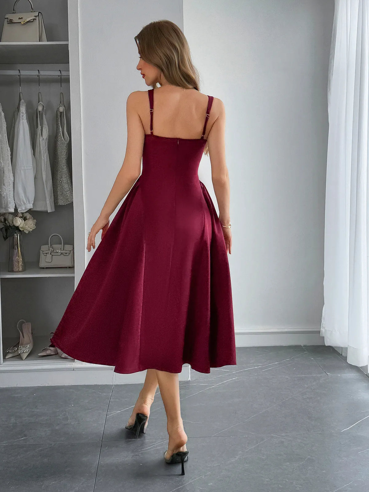 Square Neck Wide Strap Midi Dress Burgundy OutfitFlow