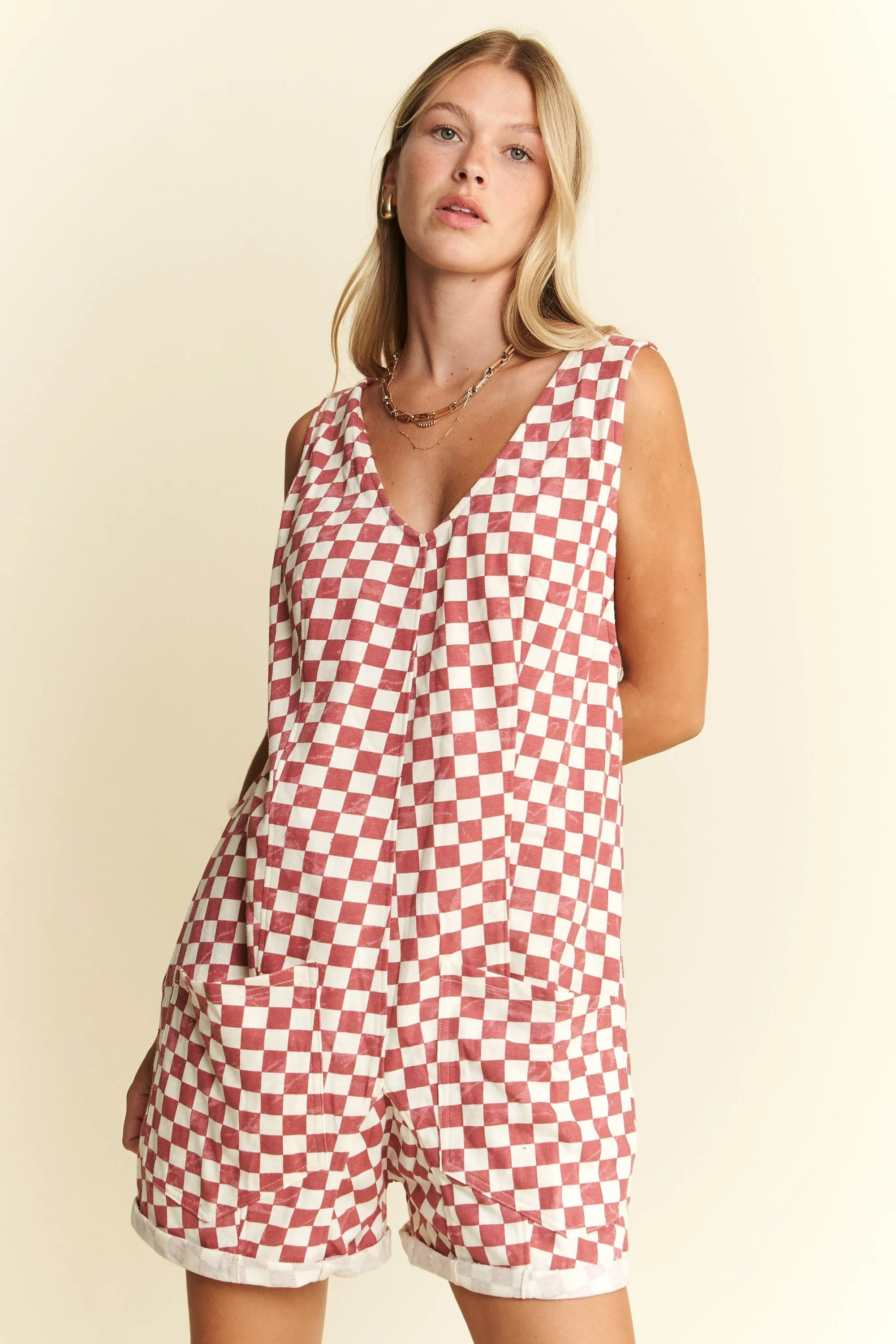 Jade By Jane Plus Size Plaid Print Shorts Romper OutfitFlow