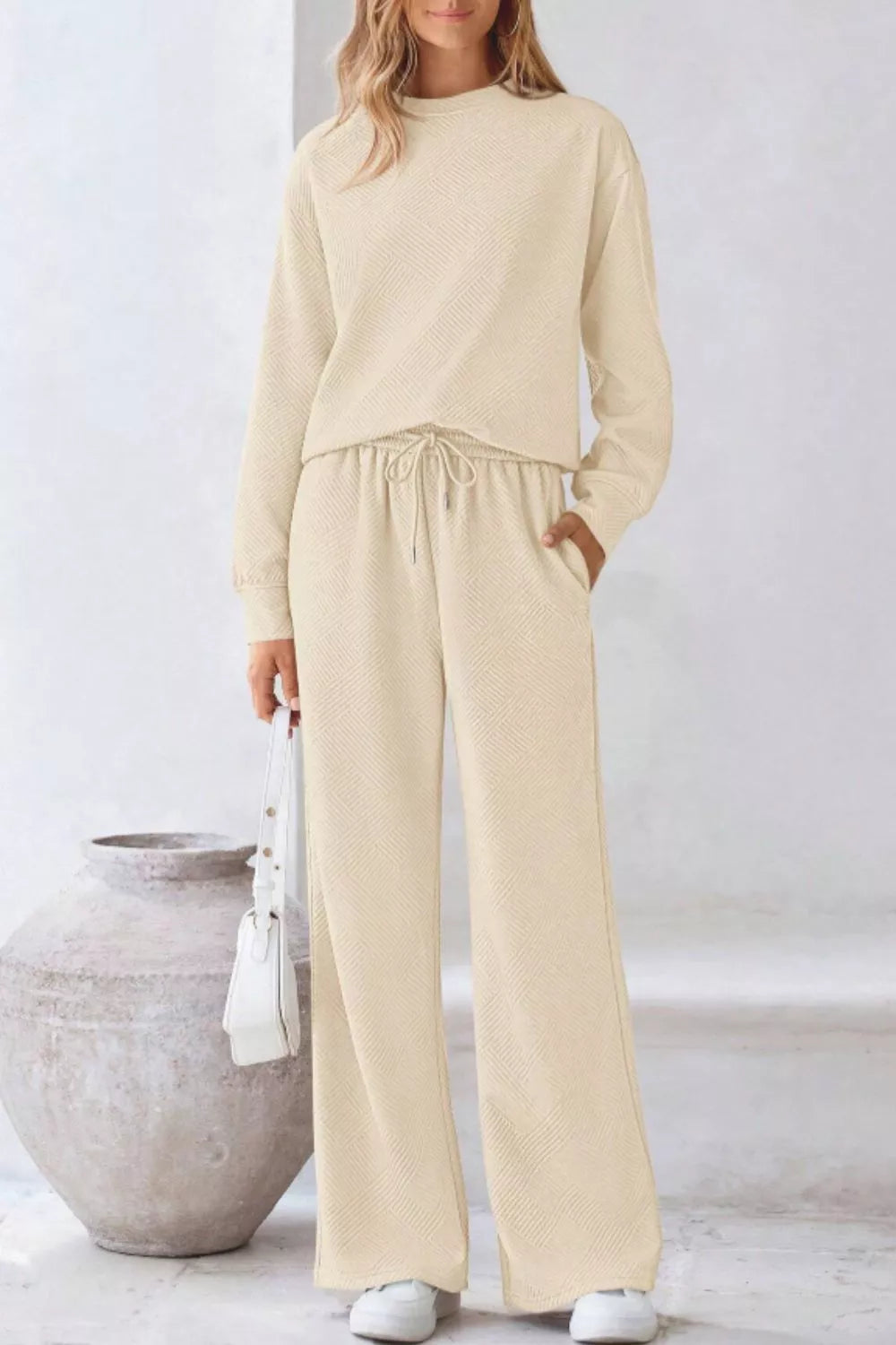 Round Neck Long Sleeve Top and Pants Set Apricot OutfitFlow