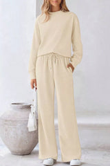 Round Neck Long Sleeve Top and Pants Set Apricot OutfitFlow