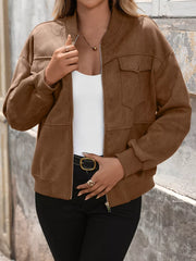 Zip Up Dropped Shoulder Jacket Brown Trendsi
