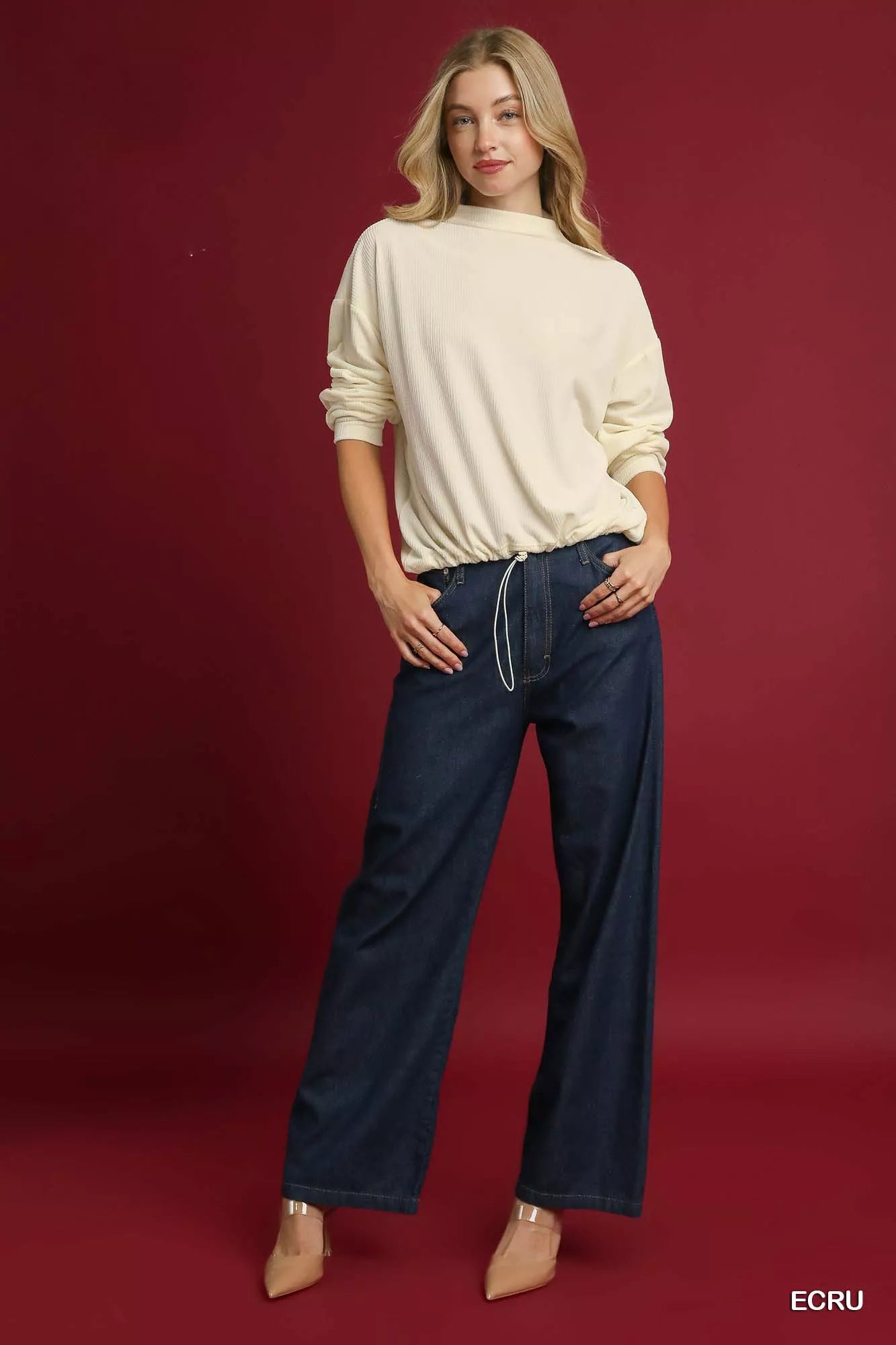 Umgee Ribbed Drawstring Hem Knit Top OutfitFlow