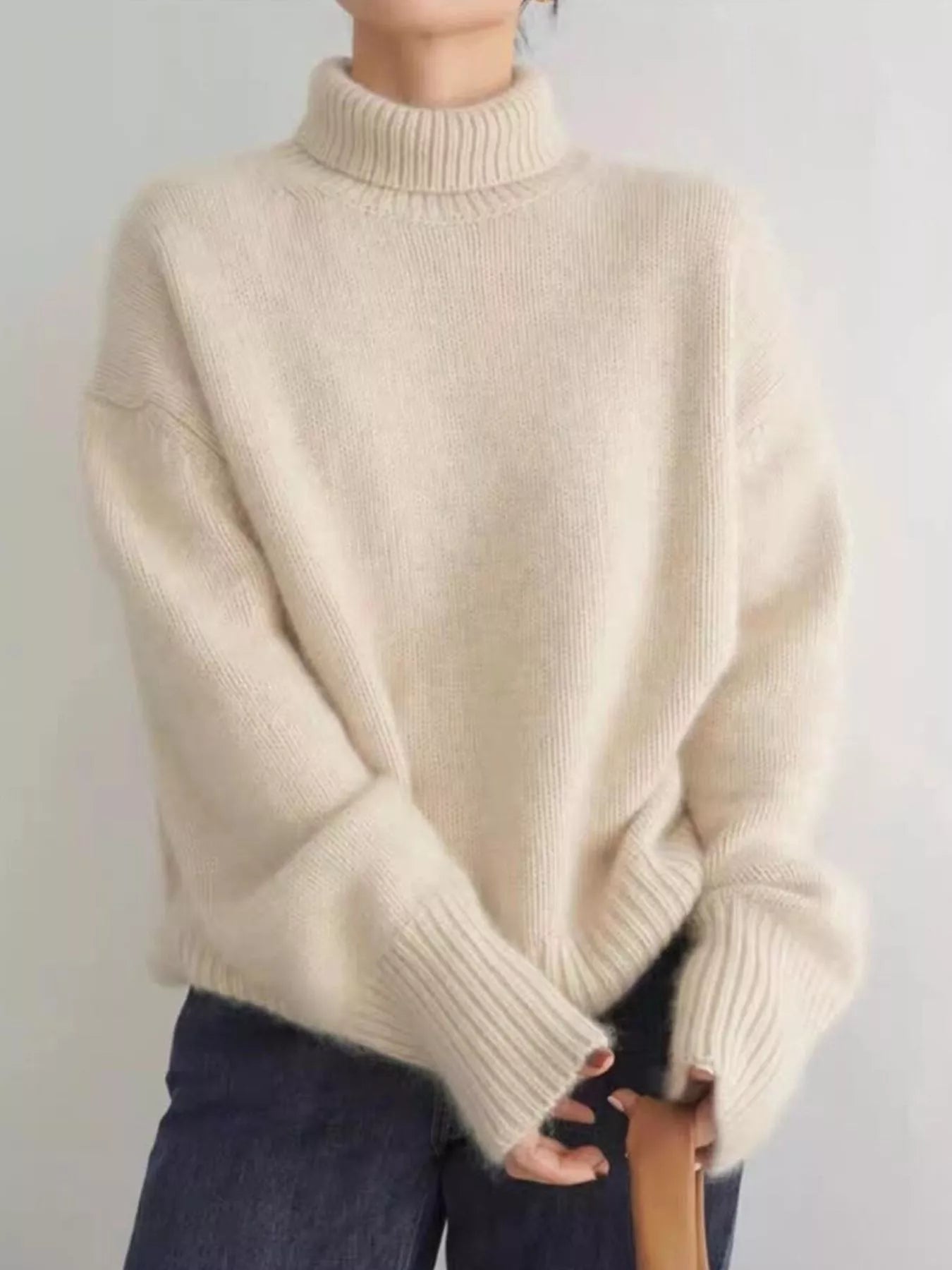 Turtleneck Dropped Shoulder Sweater Apricot OutfitFlow