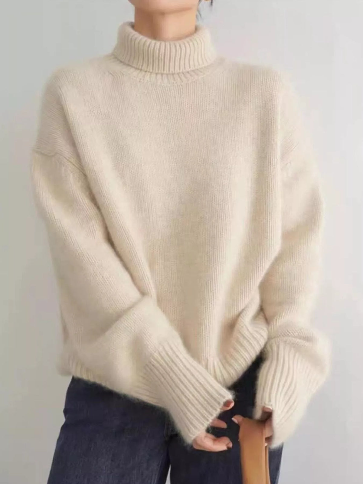 Turtleneck Dropped Shoulder Sweater Apricot OutfitFlow