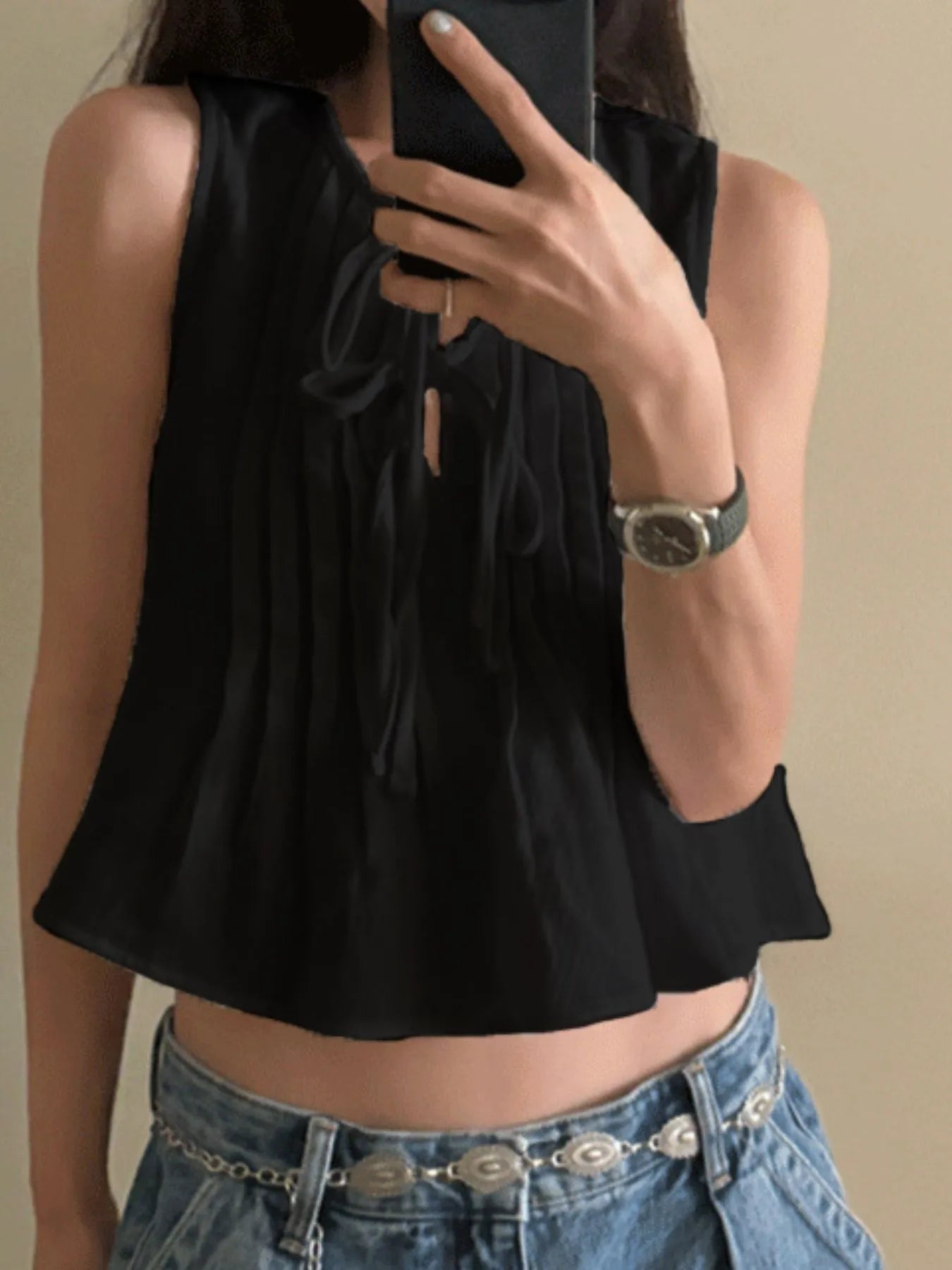 Tie-Front Sleeveless Summer Blouse Tan OutfitFlow