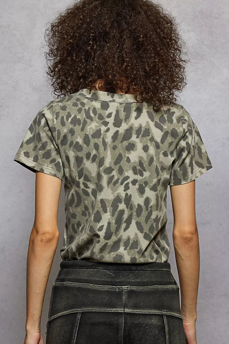 POL Printed V-Neck Short Sleeve T-Shirt OutfitFlow