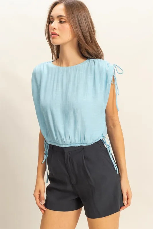 HYFVE Bubble Hem Side Tie Detail Round Neck Sleeveless Blouse OutfitFlow