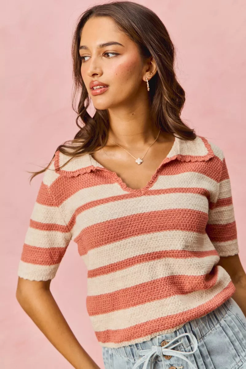 SO ME Stripe Short Sleeve Cropped Sweater OutfitFlow