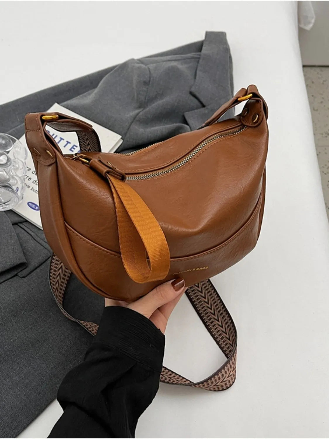 Leather Shoulder Bag with Woven Strap Terracotta onesize OutfitFlow