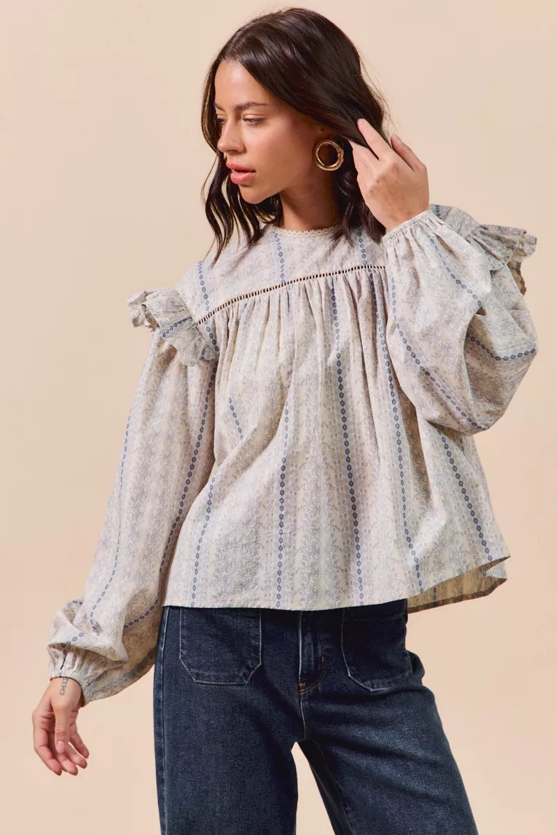 SO ME Floral Cotton Print Ruffled Long Sleeve Blouse OutfitFlow