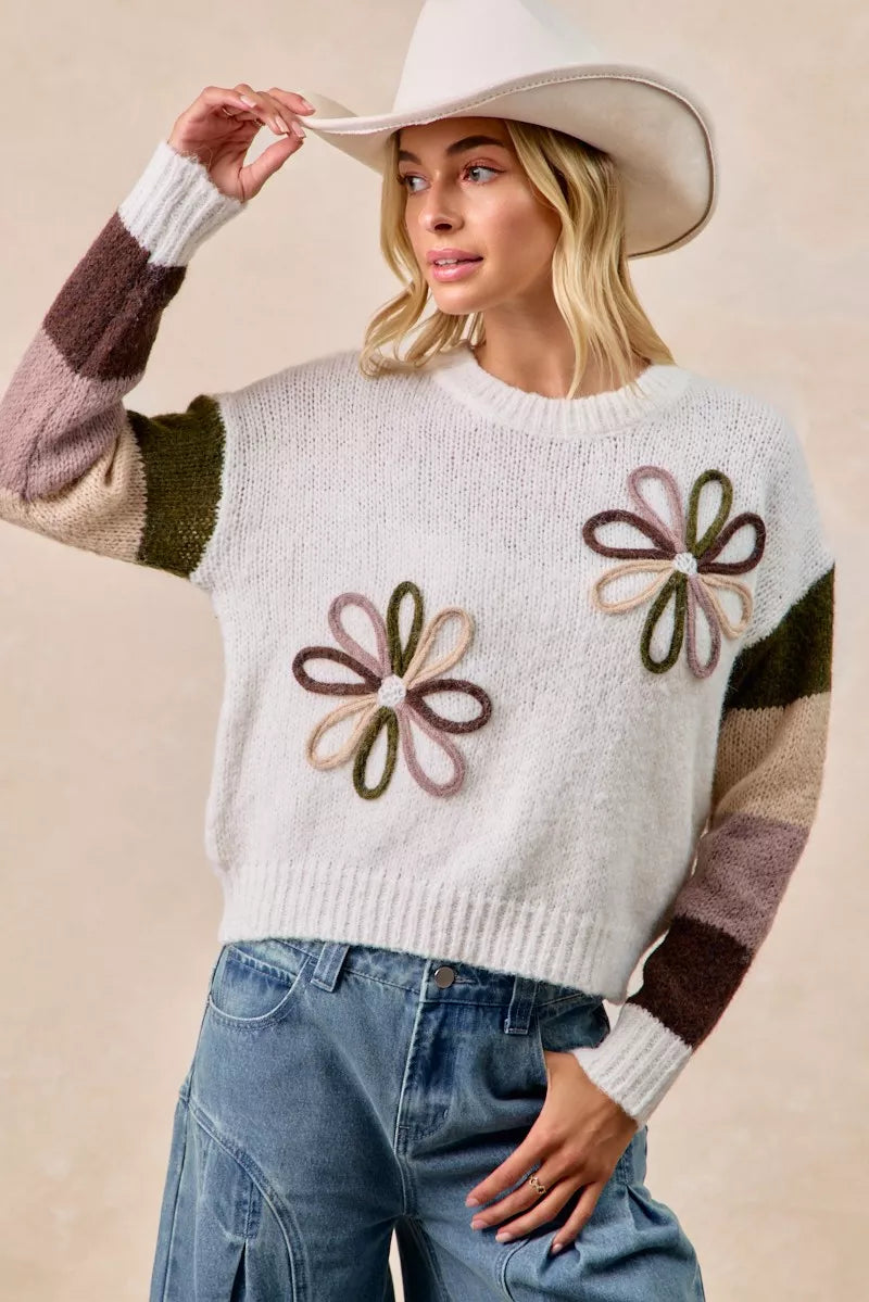 BiBi Flower Color Block Sweater OutfitFlow