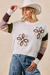 BiBi Flower Color Block Sweater OutfitFlow