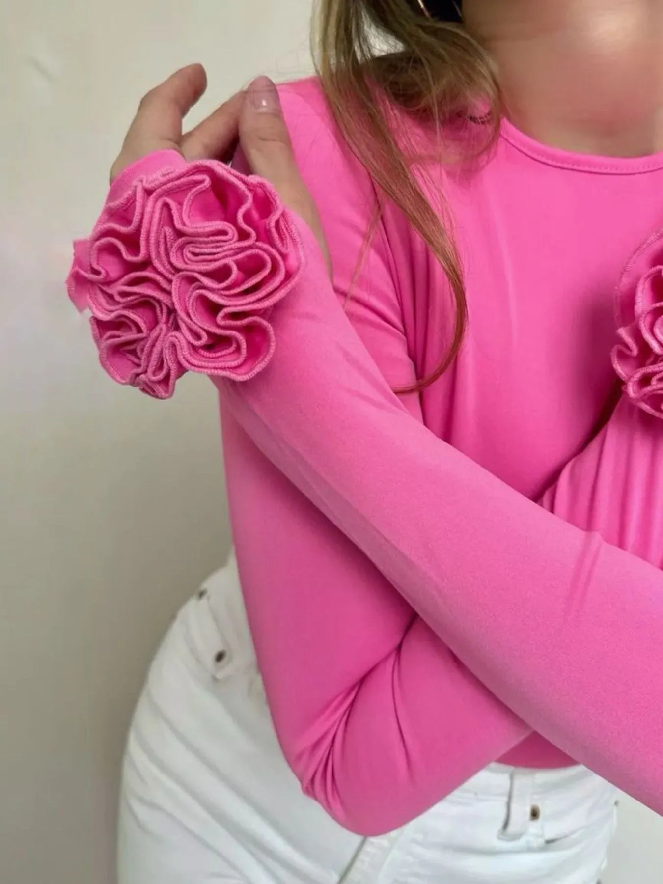 Flower Round Neck Long Sleeve T-Shirt OutfitFlow