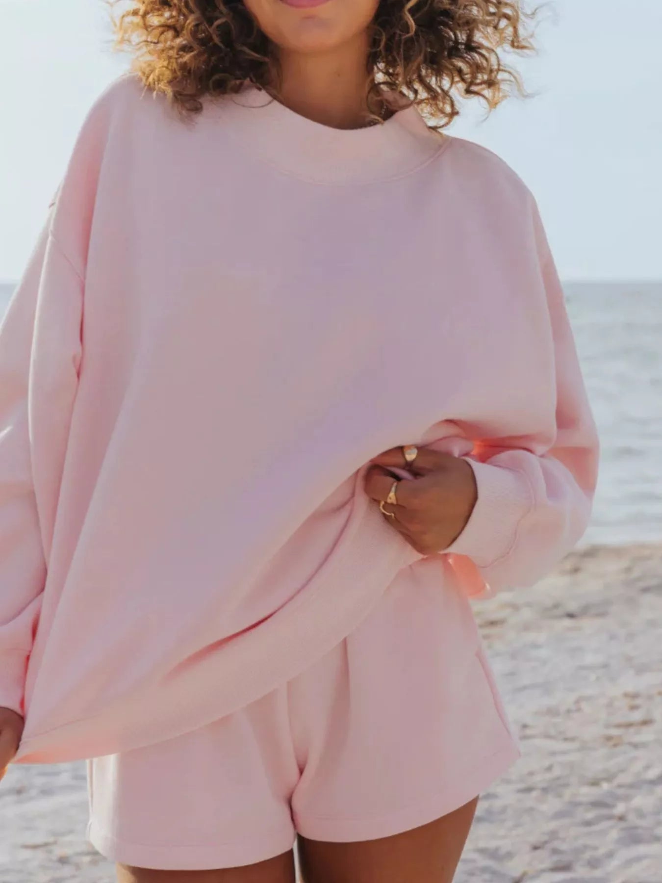 Relaxed Fit Round Neck Sweatshirt and Shorts Set OutfitFlow