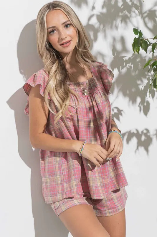 And The Why Plaid Print Smocked Detail Ruffle Baby Doll Top OutfitFlow