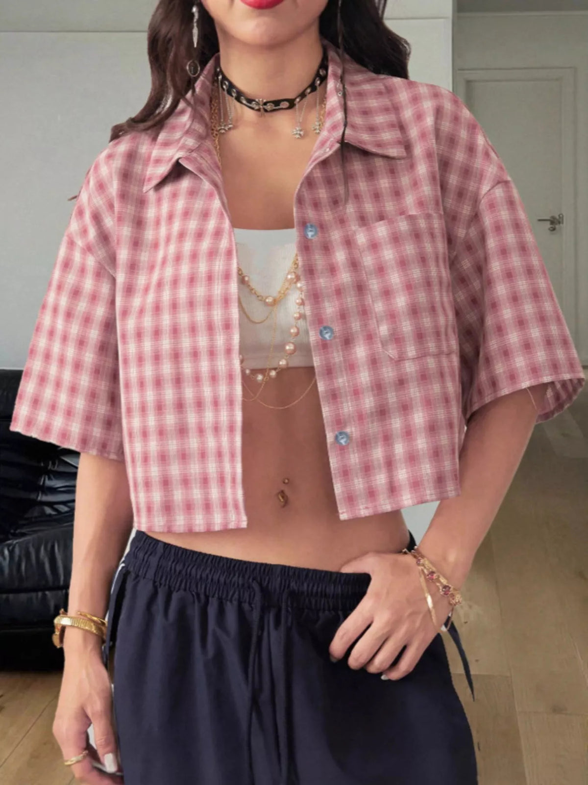 Plaid Button Up Cropped Shirt Red OutfitFlow