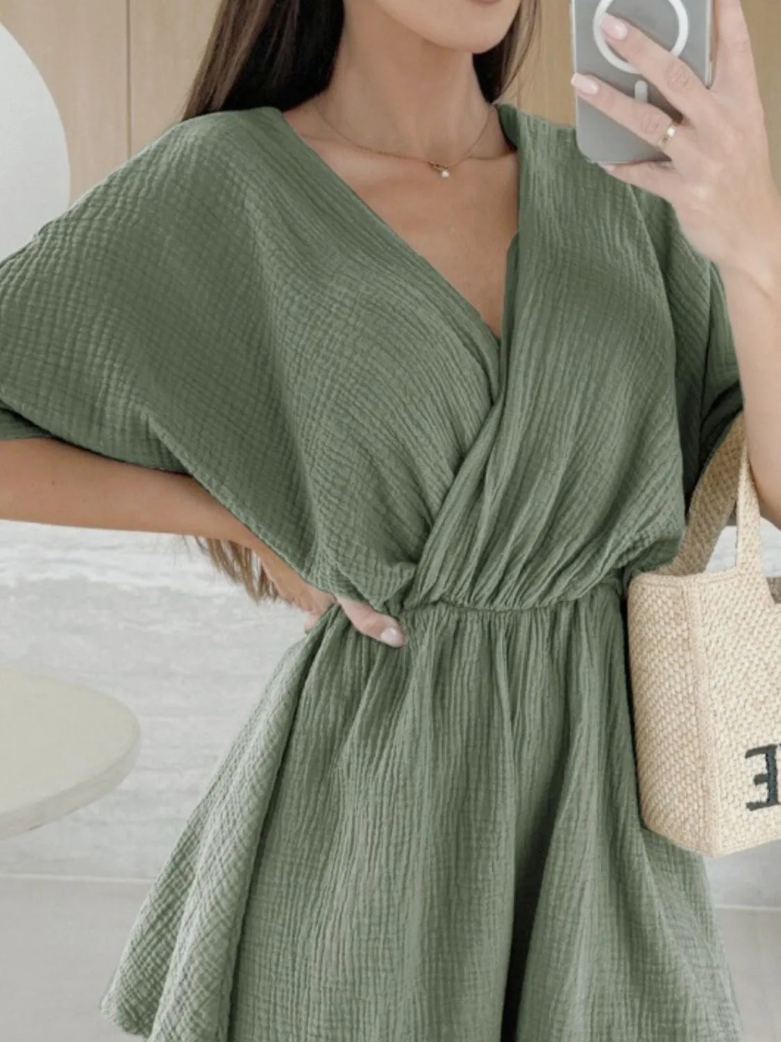 Surplice Half Sleeve Wrap Romper OutfitFlow