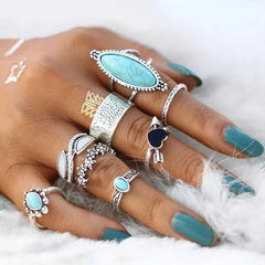 Turquoise Alloy 8-Piece Ring Set OutfitFlow