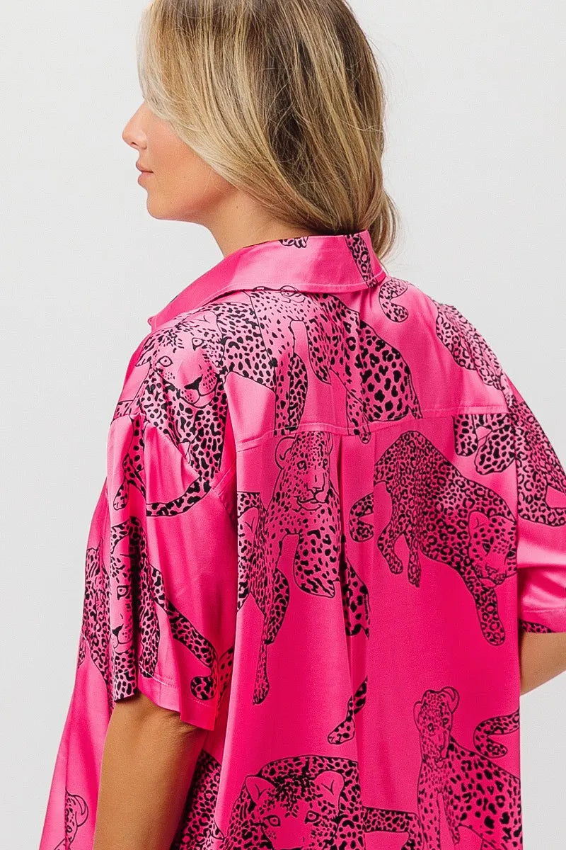 BiBi Leopard Print Short Sleeve Silky Satin Shirt Top OutfitFlow