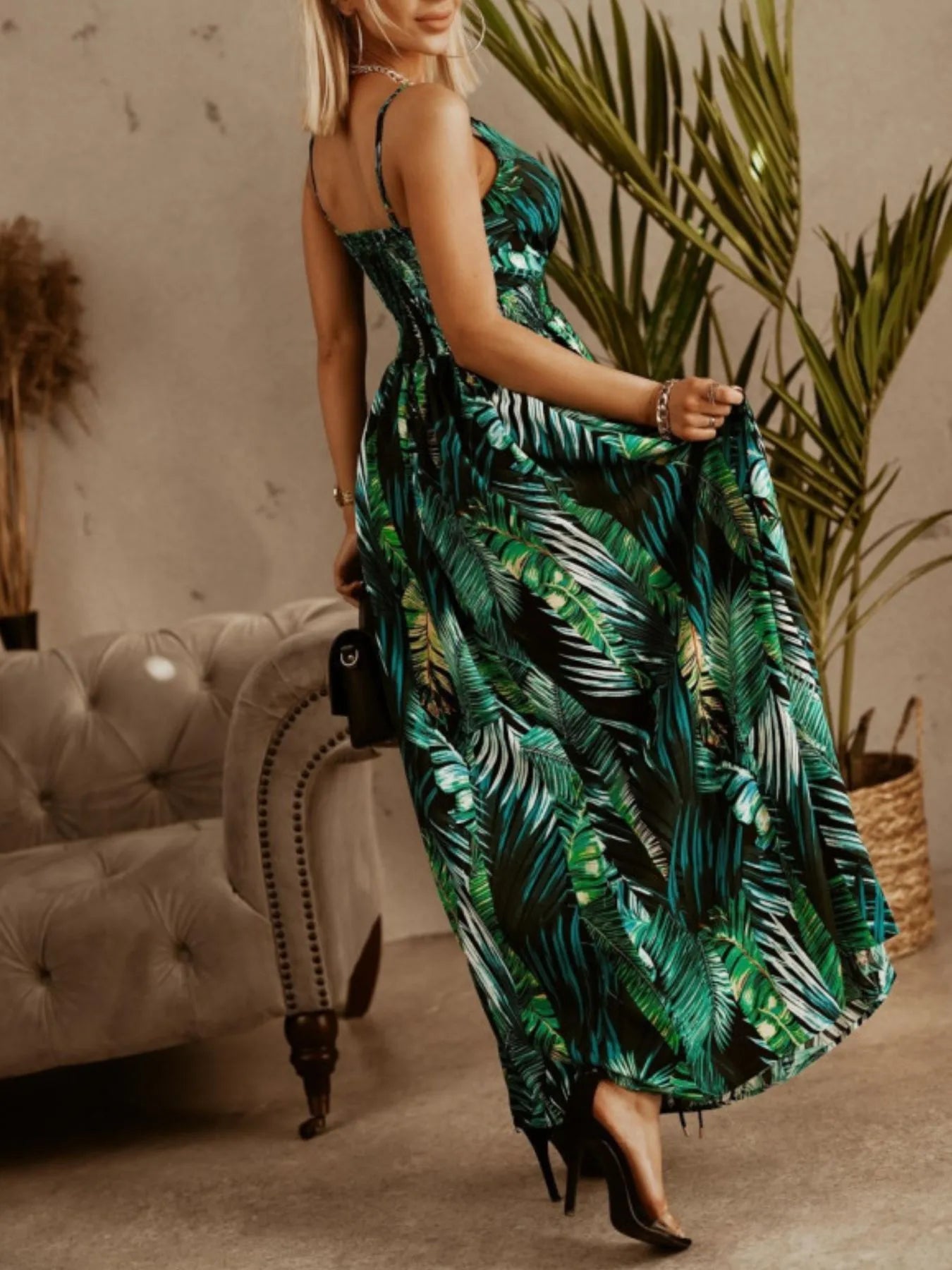 Printed Spaghetti Strap Maxi Dress OutfitFlow