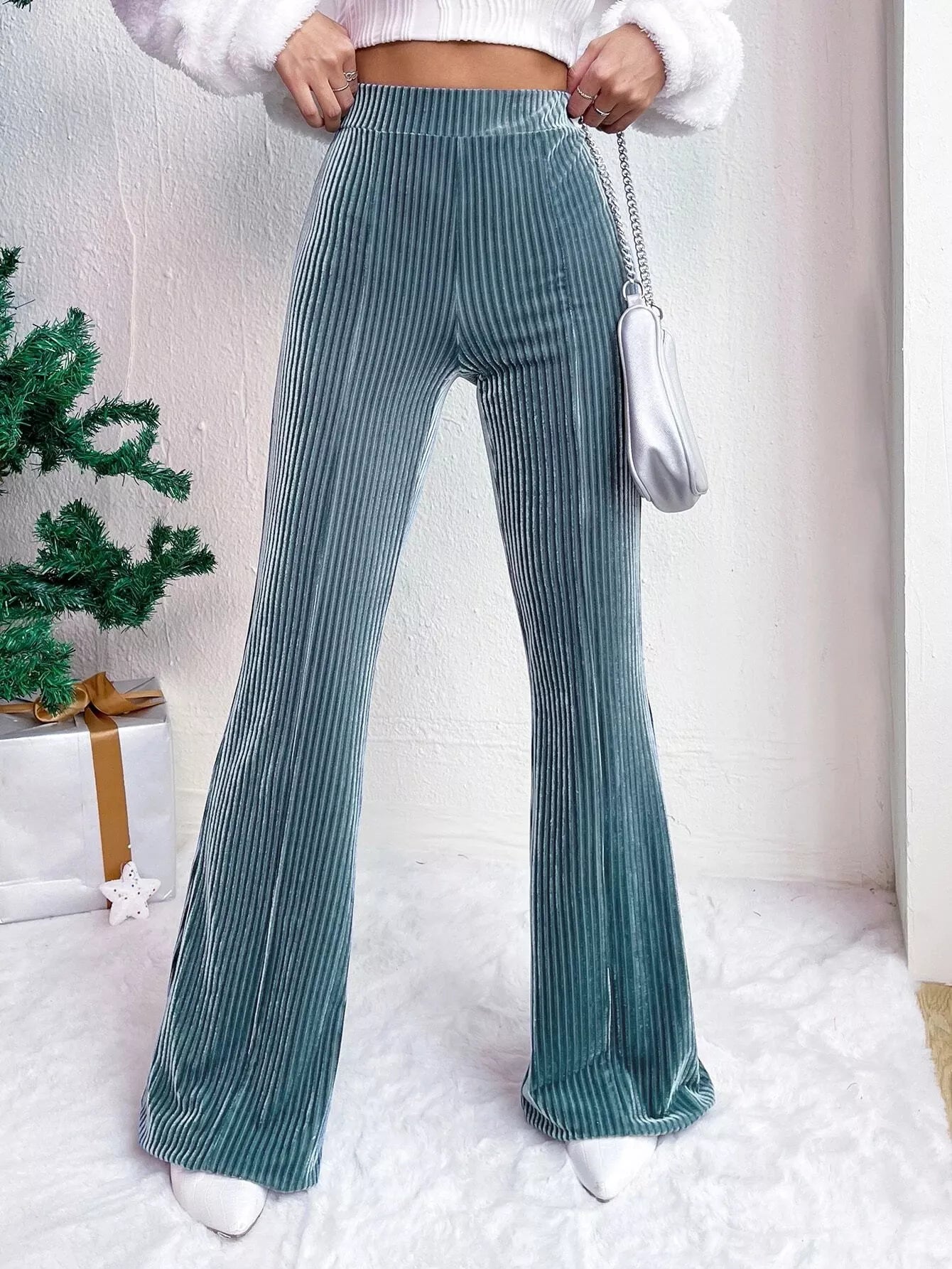 Corduroy High Waist Flare Pants Peacock Blue OutfitFlow