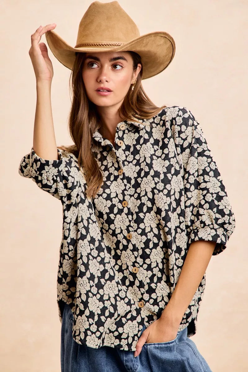 BiBi Floral Jacquard Short Dolman Sleeves Shirt OutfitFlow