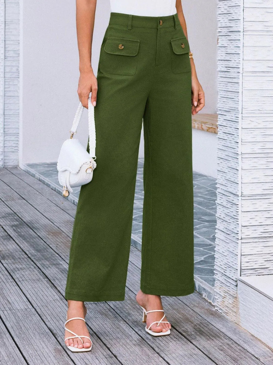 High Waist Wide Leg Pants Dark Green OutfitFlow