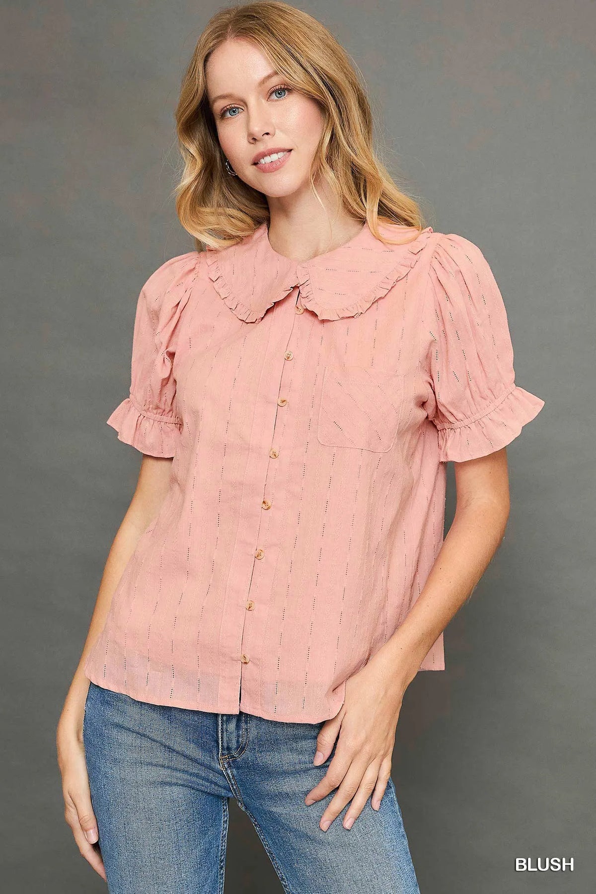 Peter Pan Collared Button Down Textured Shirt with Ruffled Detail BLUSH Trendsi