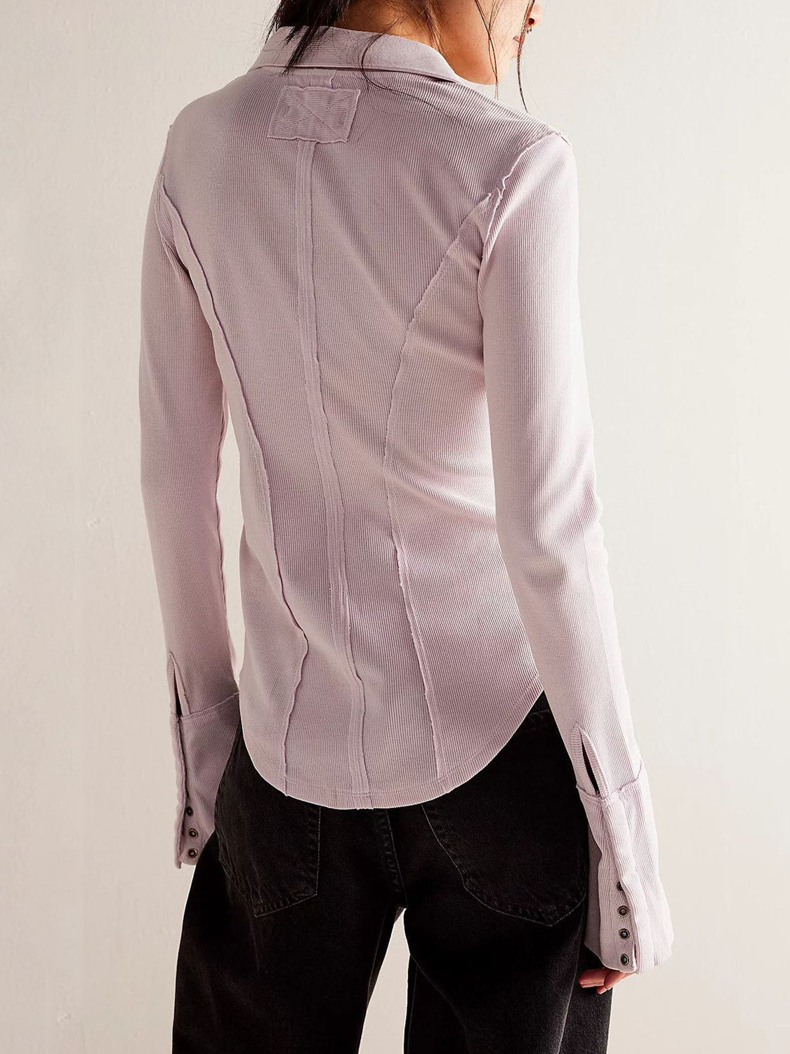 Outfit Flow - Exposed Seam Snap Down Collared Neck Long Sleeve Top