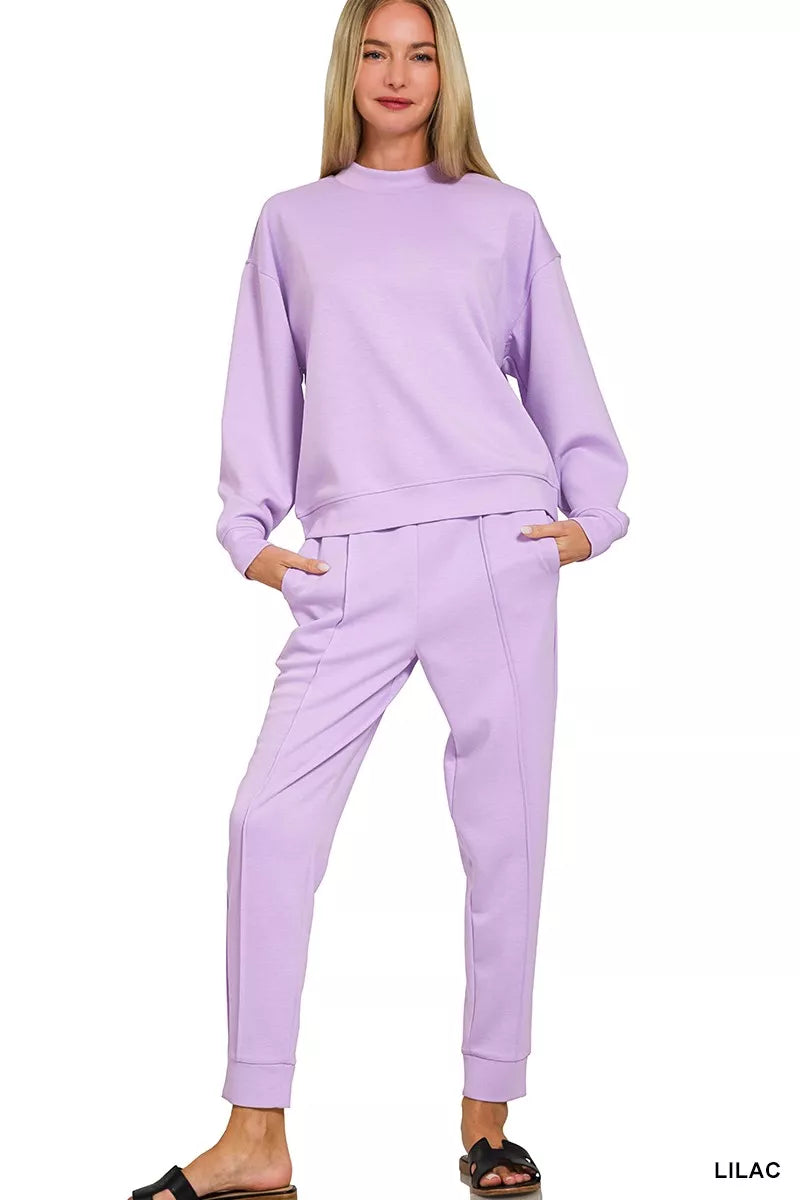 Zenana Scuba Mock Neck Sweatshirt and Joggers Set LILAC OutfitFlow