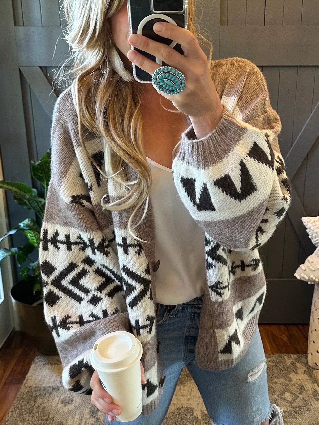 Aztec Pattern Oversized Button Up Cardigan Trendsi