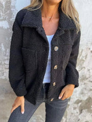 Full Size Single-Breasted Sherpa Shacket Plus Size Black OutfitFlow